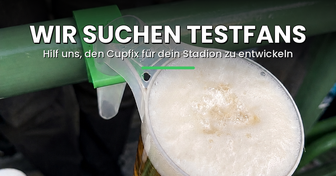 Wir suchen Testfans – Cupfix Becherhalter mit Bier an einer Stange in der Stehkurve
